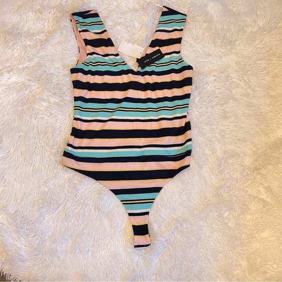 AFRM Pink, Black, and Teal Horizontally Striped Bodysuit Size M - Picture 2 of 9